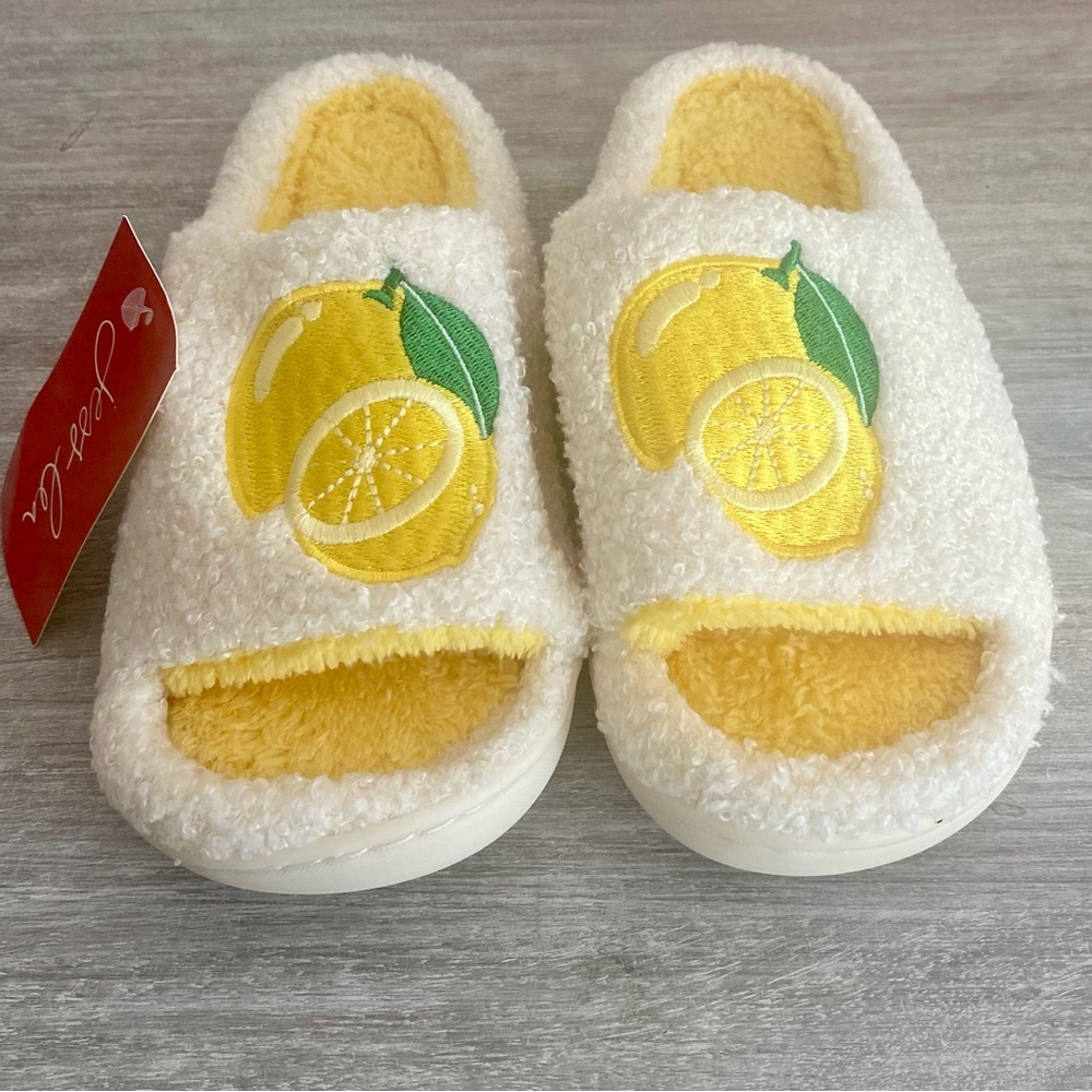 Jess Lea Lemon Drop Open Toe Faux Sherpa Summer Fruit Nonskid Slippers S, M, L